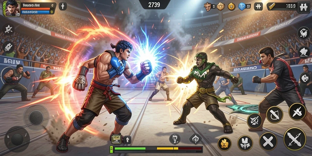 Screenshot pertarungan epik dalam 2739 menampilkan aksi karakter Fighting.