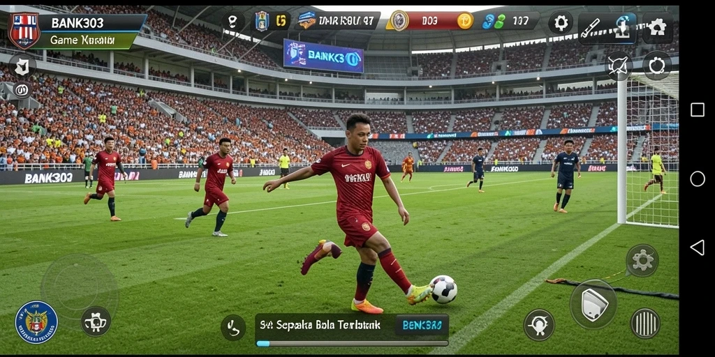 Screenshot utama BANK303 menampilkan aksi seru di lapangan sepak bola.