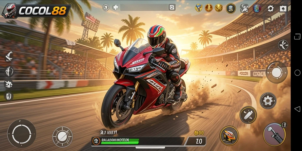 Gameplay COCOL88 menunjukkan aksi balapan motor yang intens.