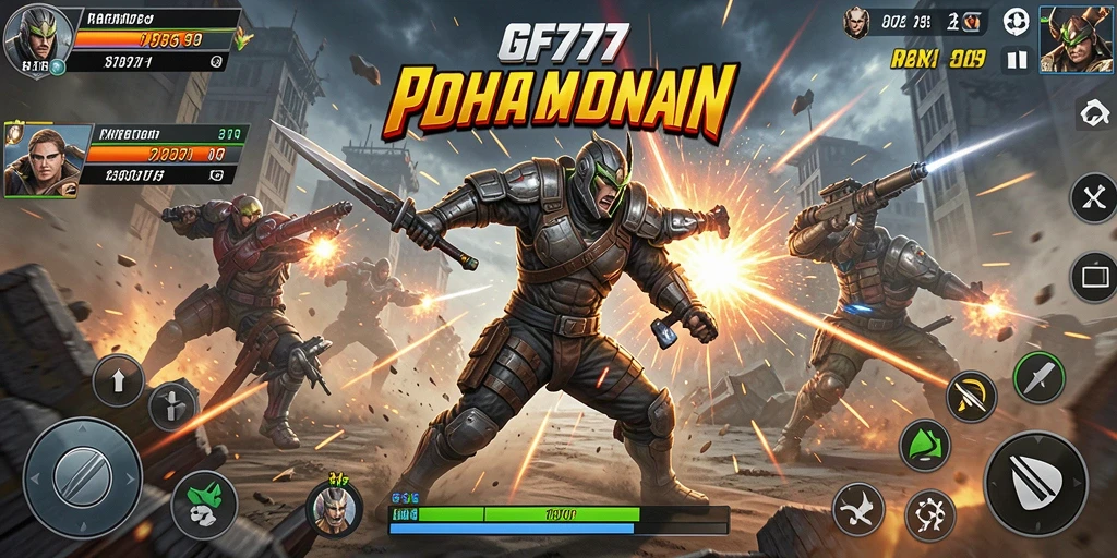 Screenshot gameplay GF777 yang menunjukkan aksi mendebarkan di arena pertempuran.