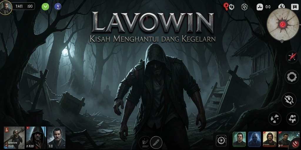 Tangkapan layar utama LAVOWIN menampilkan aksi menegangkan di lokasi seram.