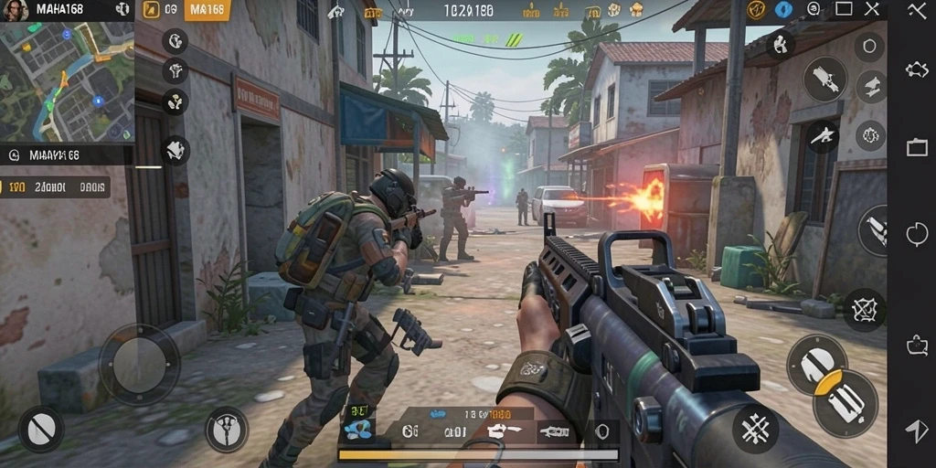 Gameplay intens MAHA168 yang menampilkan aksi menembak.