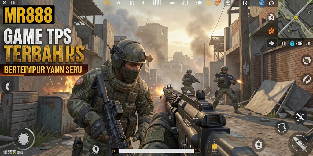 Screenshot gameplay MR888 menunjukkan aksi tembak-menembak yang mendebarkan dalam sebuah pertempuran TPS.