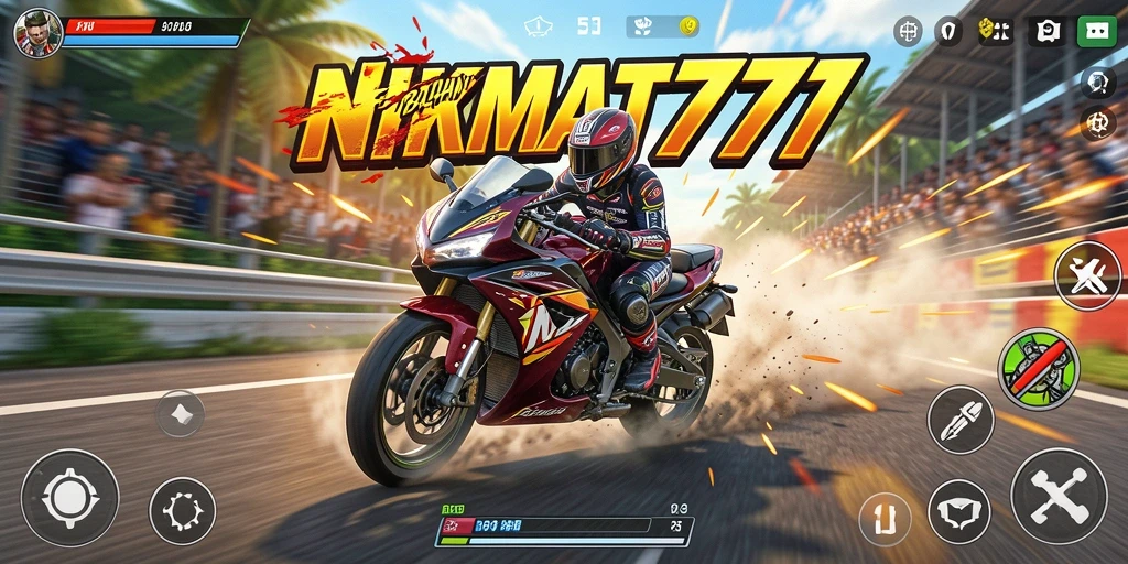 Screenshot NIKMAT777 menampilkan balapan motor yang mendebarkan.