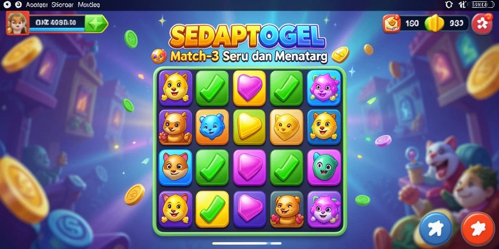 Tampilan gameplay seru SEDAPTOGEL dengan elemen Match-3 yang colorful.