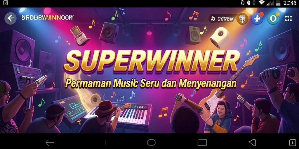 Screenshot menunjukkan gameplay SUPERWINNER yang menampilkan pengalaman musik interaktif.